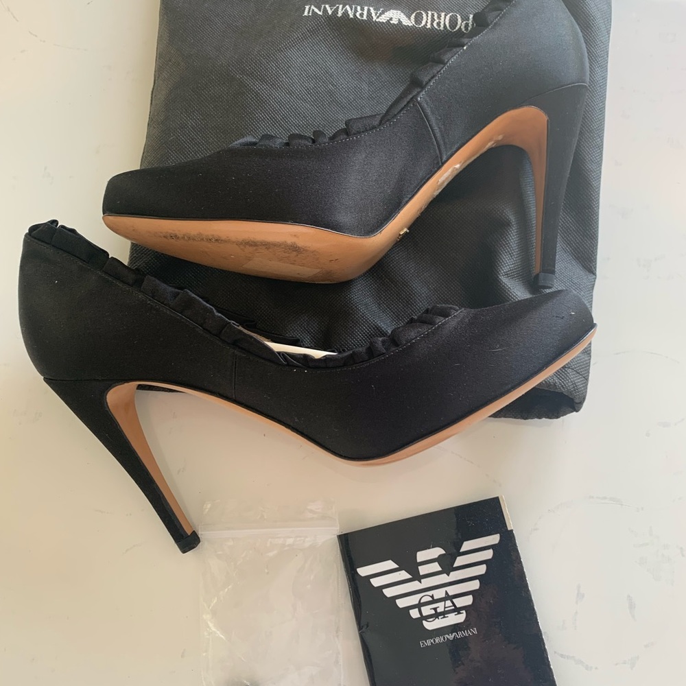 Armani Emporio heels, size 37, made in Italy. Satin exterior, leather interior.